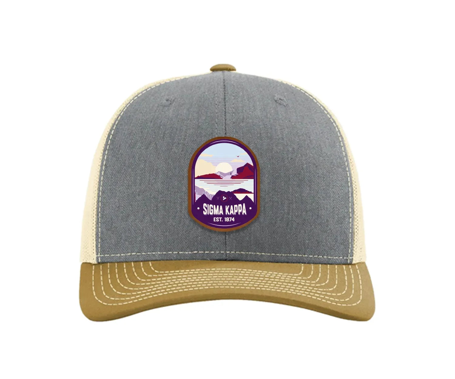 Sigma Kappa Richardson 112 UV Print Leatherette Patch Trucker Hat - Ventura Heather Gray Birch Amber Gold Trucker Hat