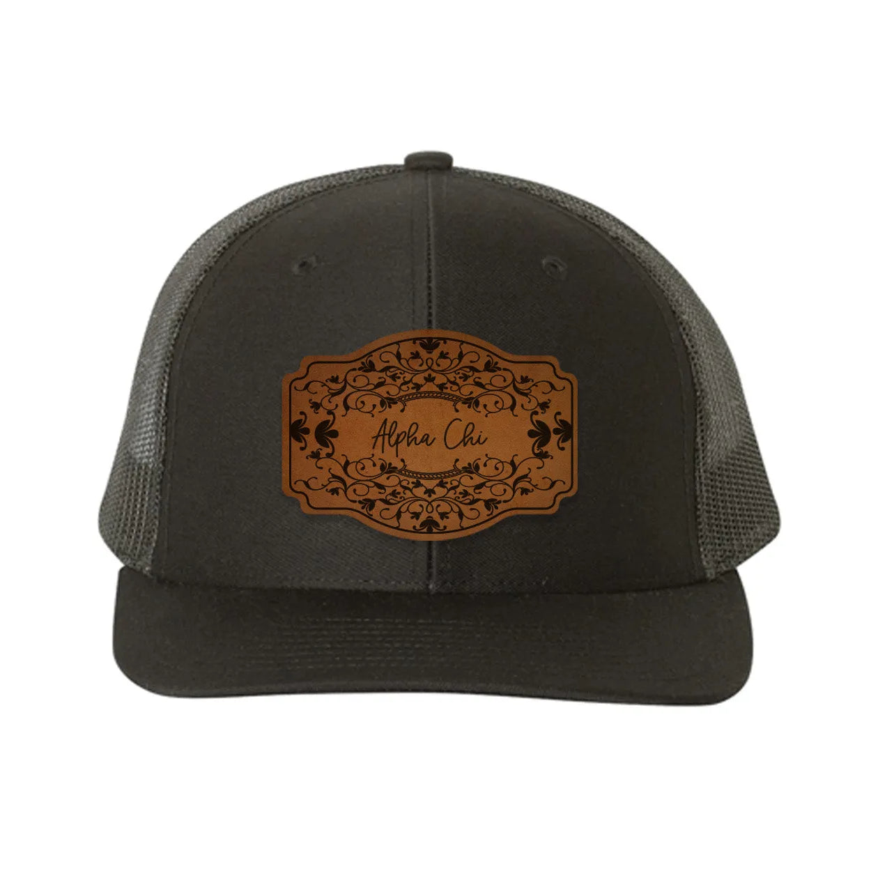 Alpha Chi Omega Richardson 112 Leatherette Patch Trucker Hat - Scroll Black Black Trucker Hat
