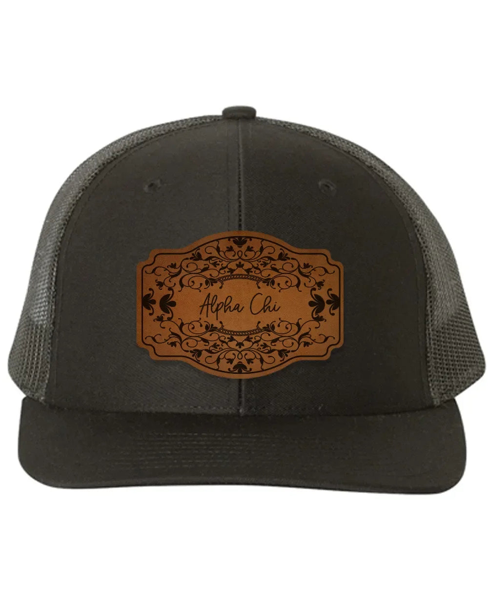 Alpha Chi Omega Richardson 112 Leatherette Patch Trucker Hat - Scroll Black Black Trucker Hat