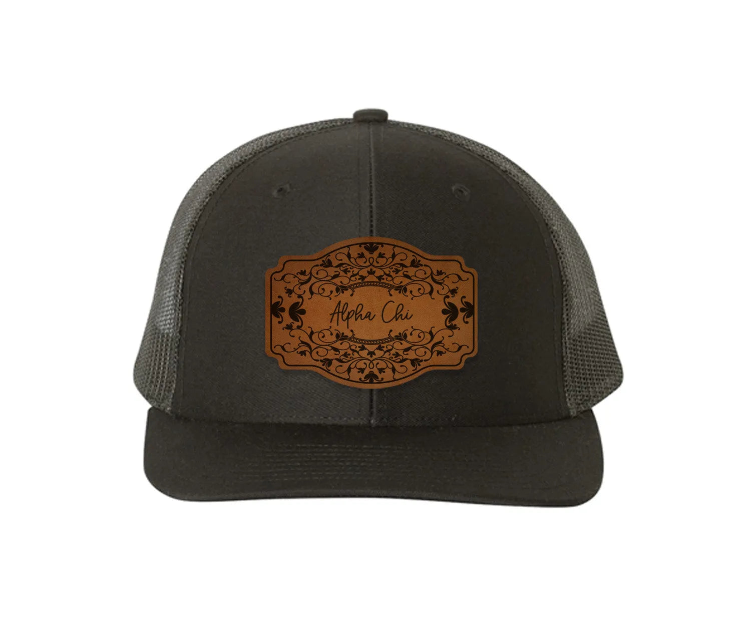 Alpha Chi Omega Richardson 112 Leatherette Patch Trucker Hat - Scroll Black Black Trucker Hat