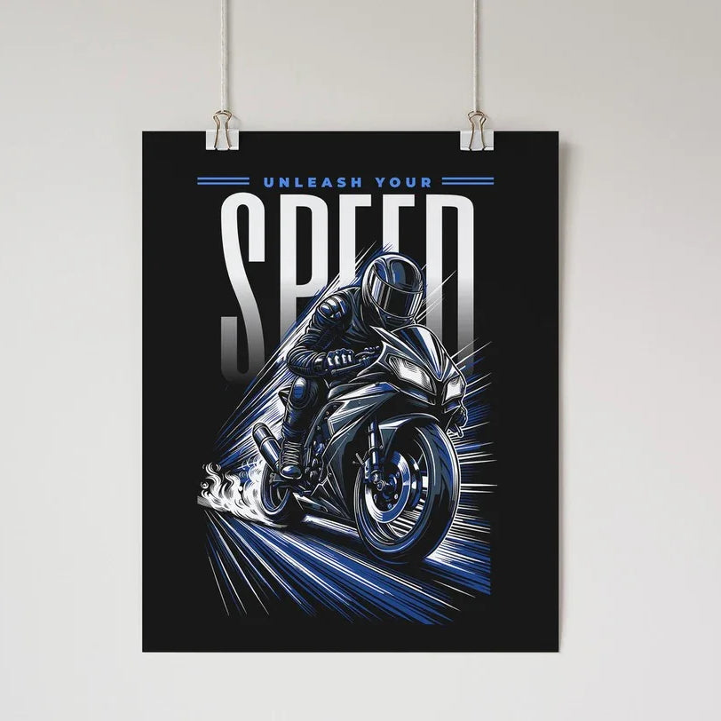 Unleash Your Speed - Motorcycle Wall Poster Blue Wall Art & Signs