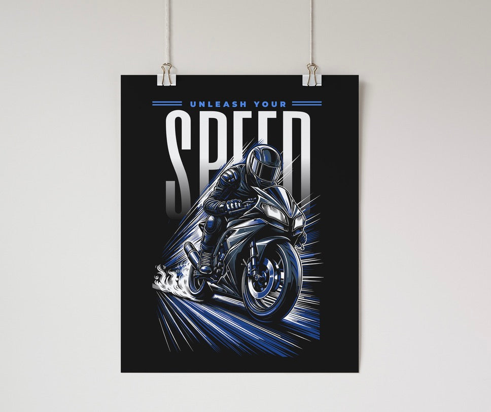 Unleash Your Speed - Motorcycle Wall Poster Blue Wall Art & Signs