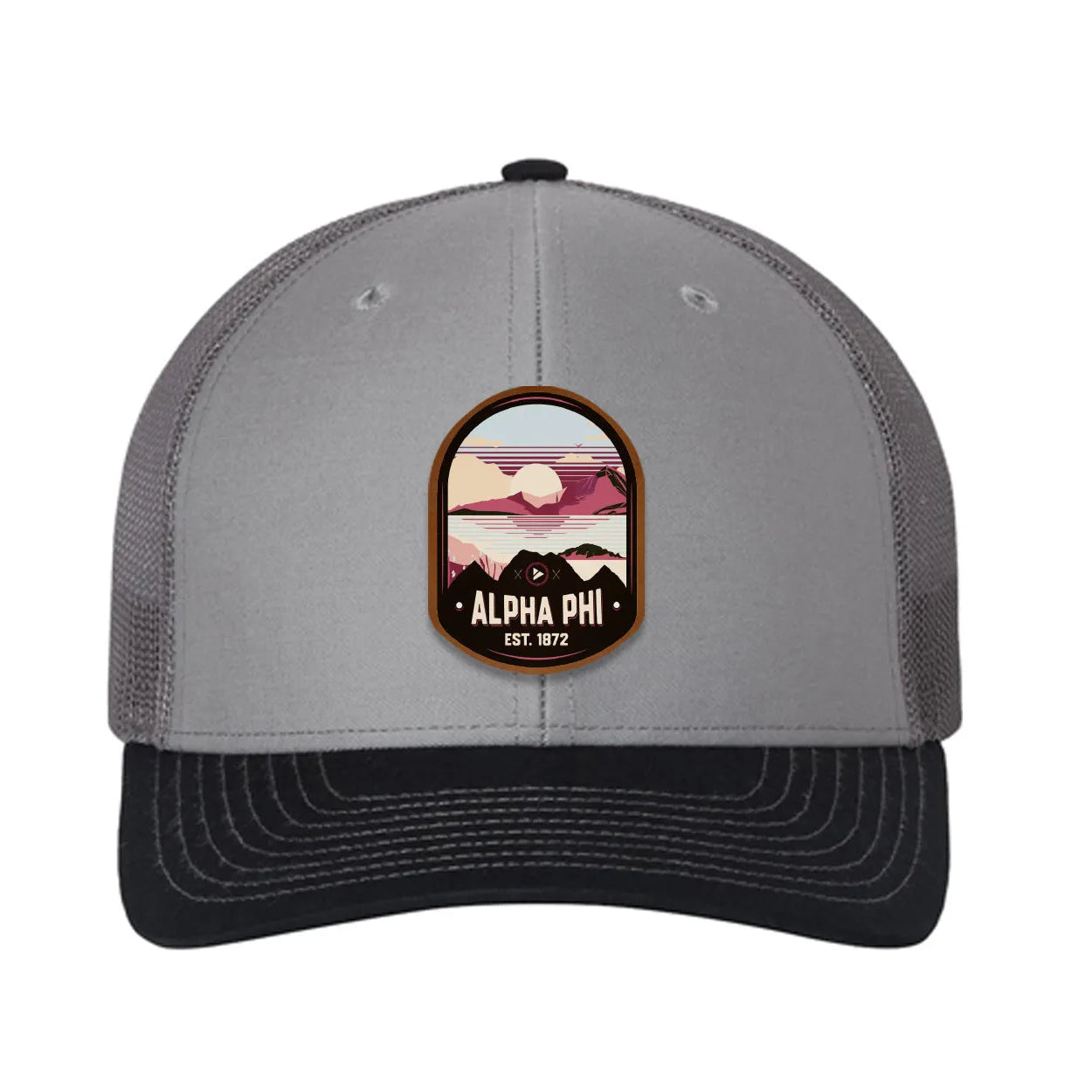 Alpha Phi Richardson 112 UV Print Leatherette Patch Trucker Hat - Ventura Gray Charcoal Navy Trucker Hat