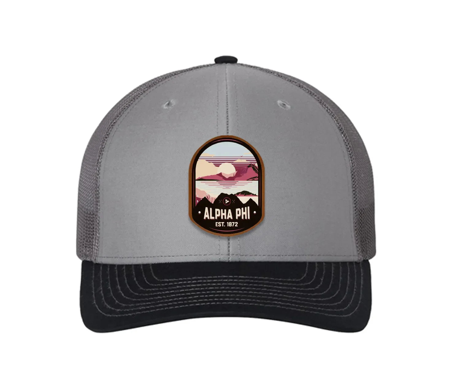 Alpha Phi Richardson 112 UV Print Leatherette Patch Trucker Hat - Ventura Gray Charcoal Navy Trucker Hat