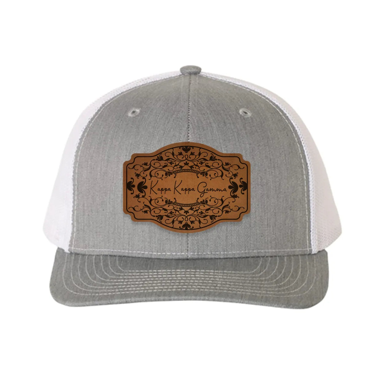 Kappa Kappa Gamma Richardson 112 Leatherette Patch Trucker Hat - Scroll Heather Gray White Trucker Hat