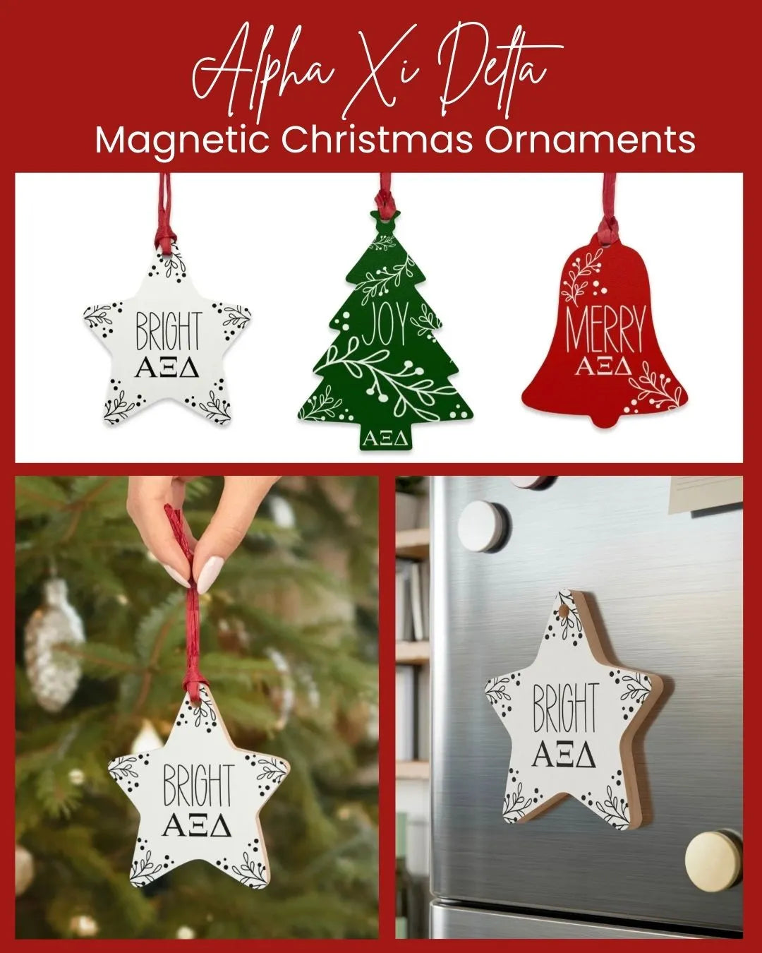 Alpha Xi Delta Wood Christmas Ornaments / Magnets (Set of 3) Holiday Ornaments