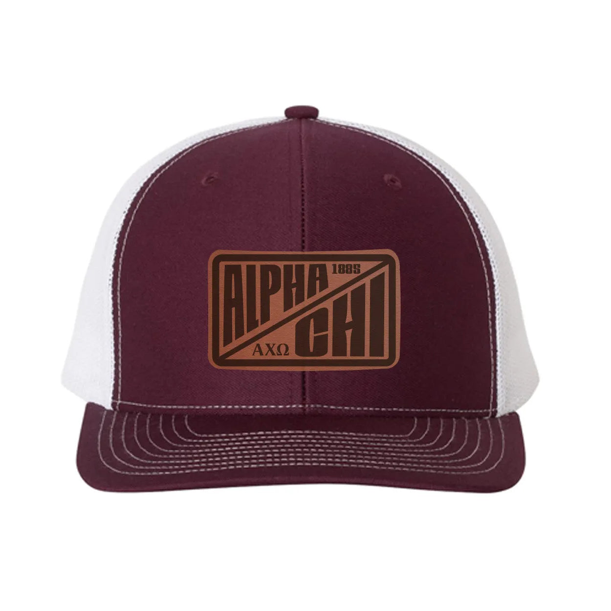 Alpha Chi Omega Richardson 112 Leatherette Patch Trucker Hat - Divide Maroon White Trucker Hat