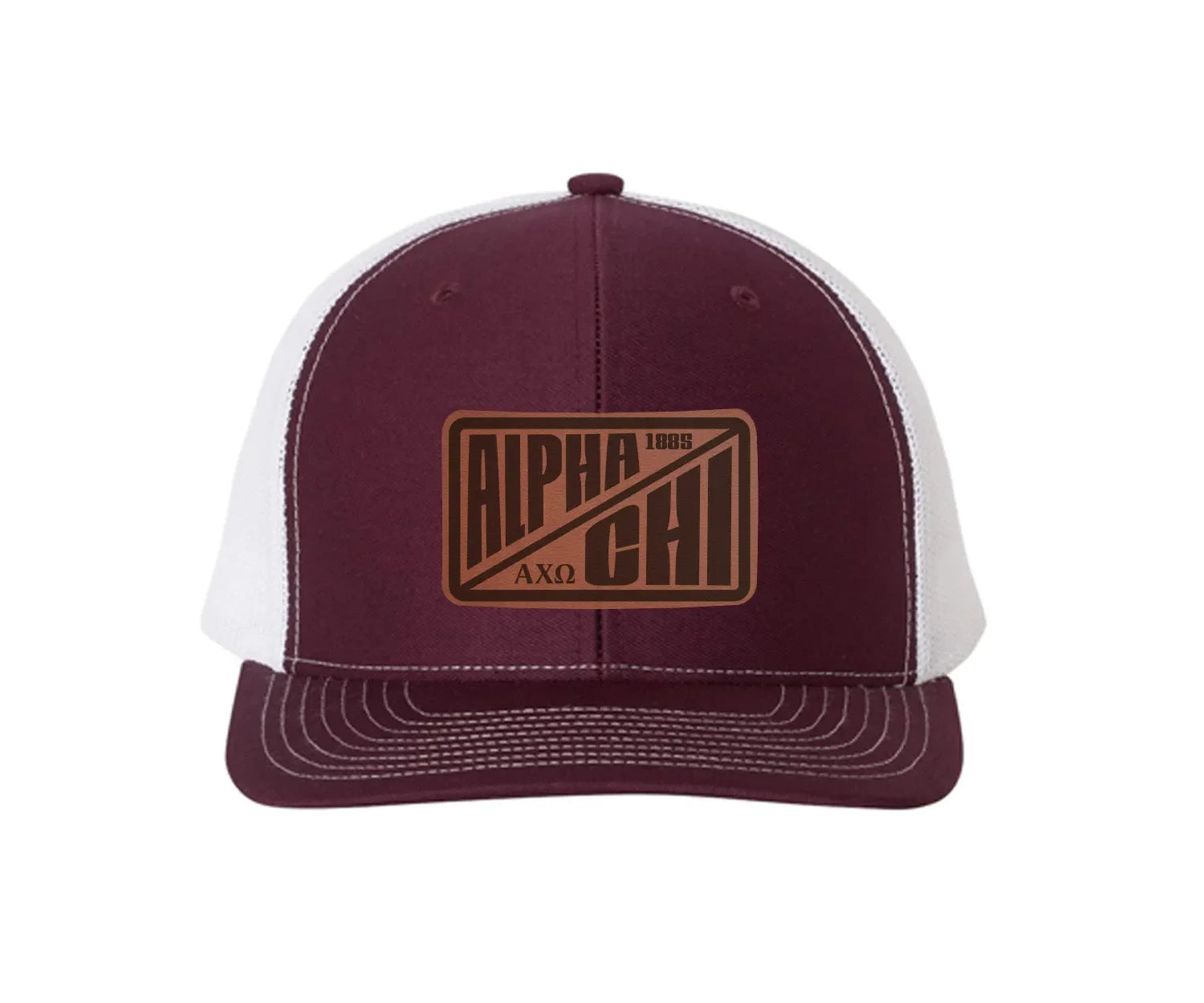 Alpha Chi Omega Richardson 112 Leatherette Patch Trucker Hat - Divide Maroon White Trucker Hat