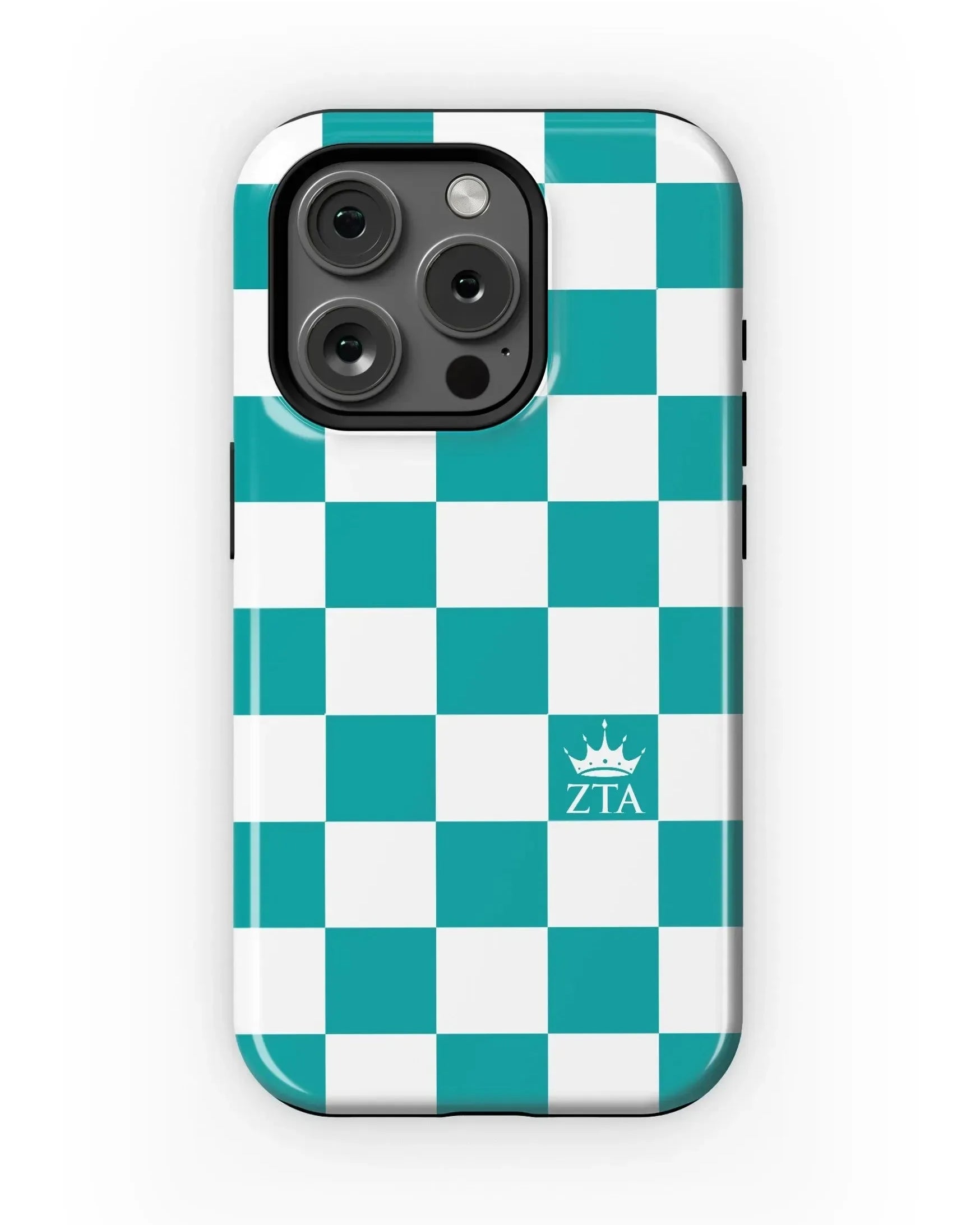 Zeta Tau Alpha iPhone 15, 14, 13 Mobile Phone Case - Turquoise Check Gloss Mobile Phone Cases