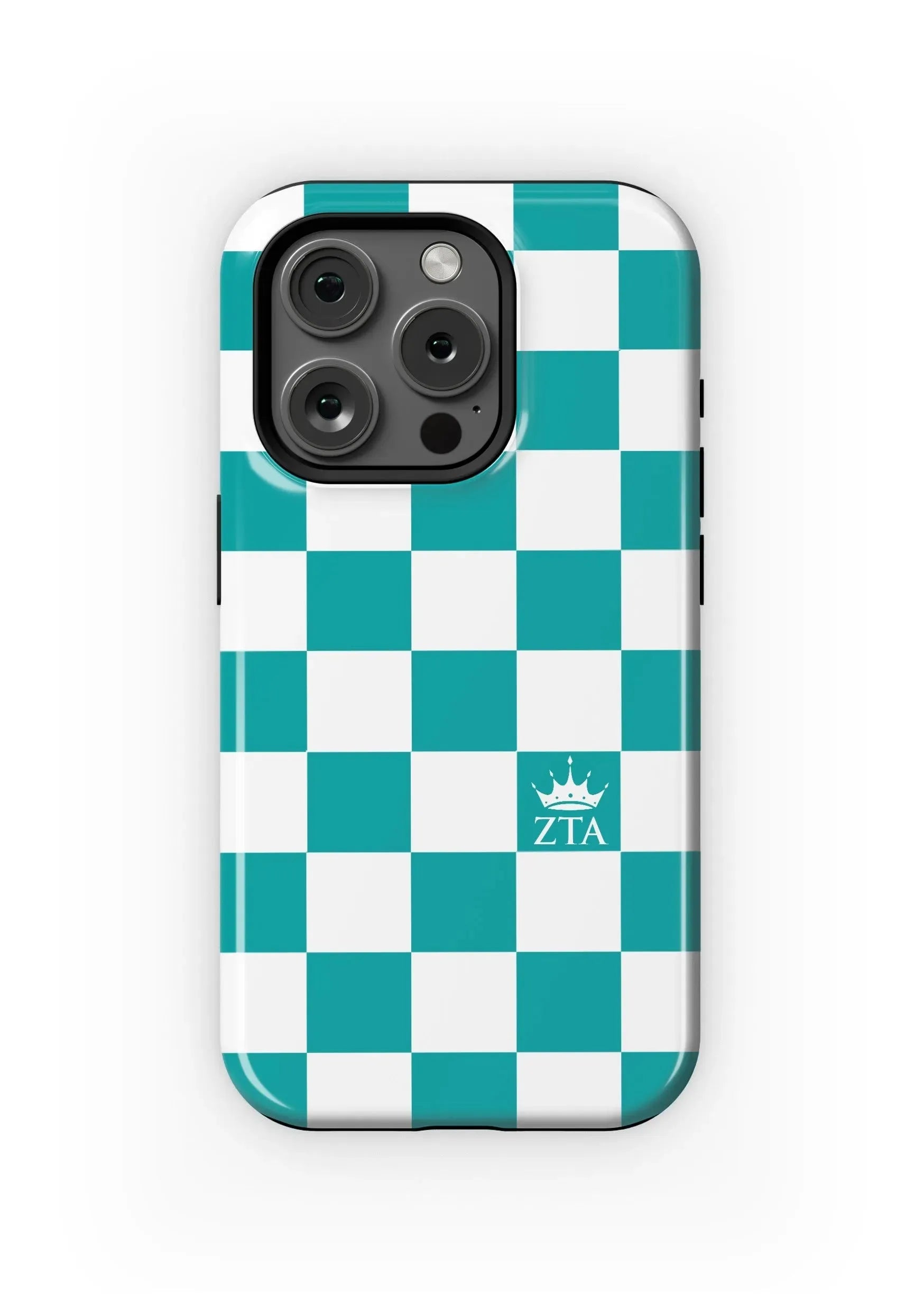 Zeta Tau Alpha iPhone 15, 14, 13 Mobile Phone Case - Turquoise Check Gloss Mobile Phone Cases