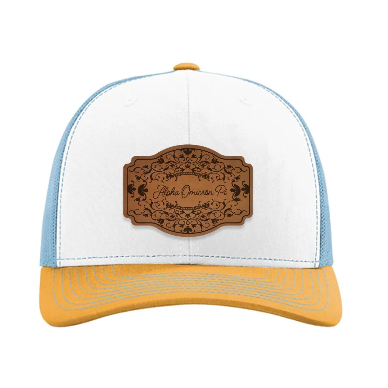 Alpha Omicron Pi Richardson 112 Leatherette Patch Trucker Hat - Scroll White Blue Yellow Trucker Hat