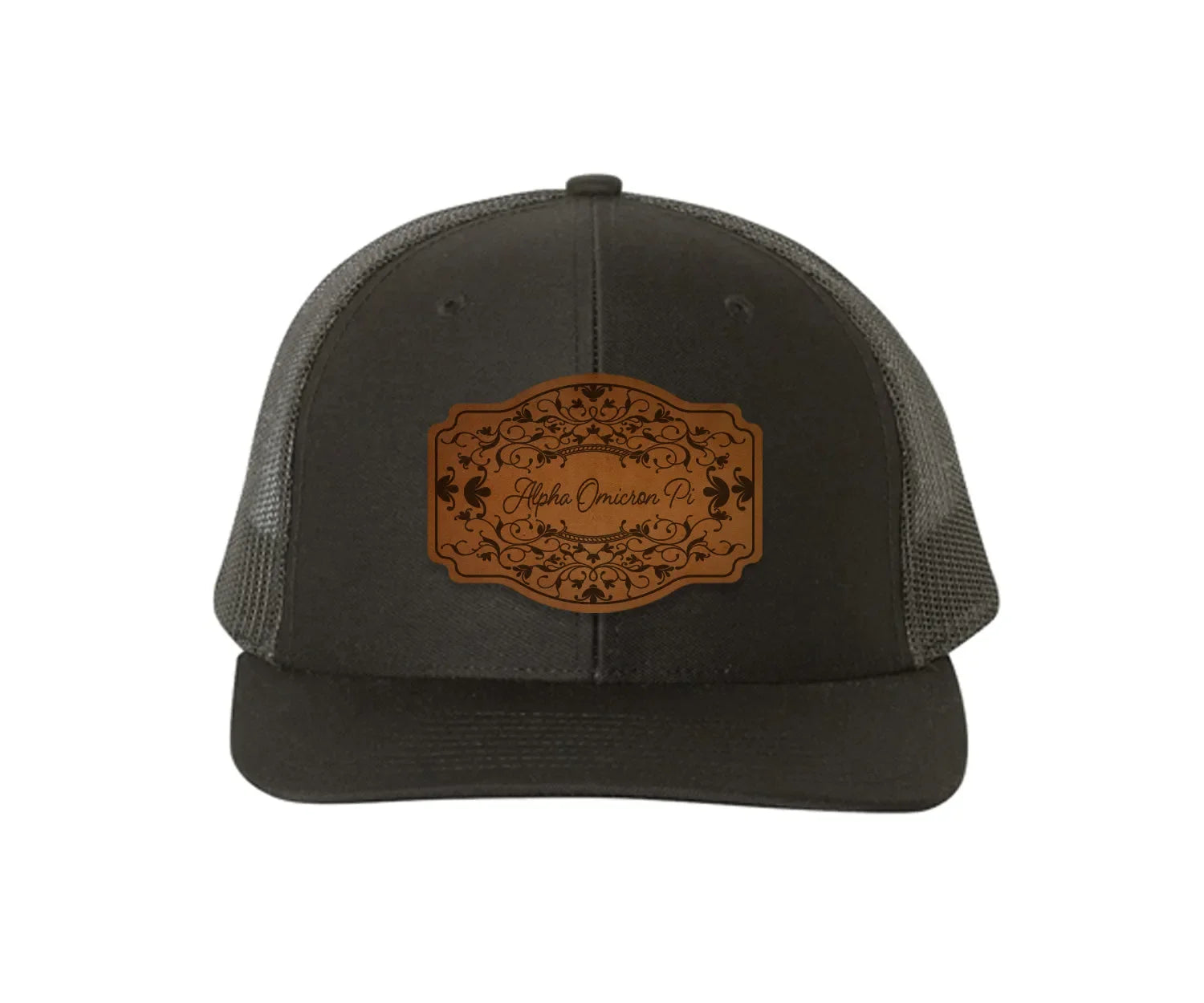 Alpha Omicron Pi Richardson 112 Leatherette Patch Trucker Hat - Scroll Black Black Trucker Hat