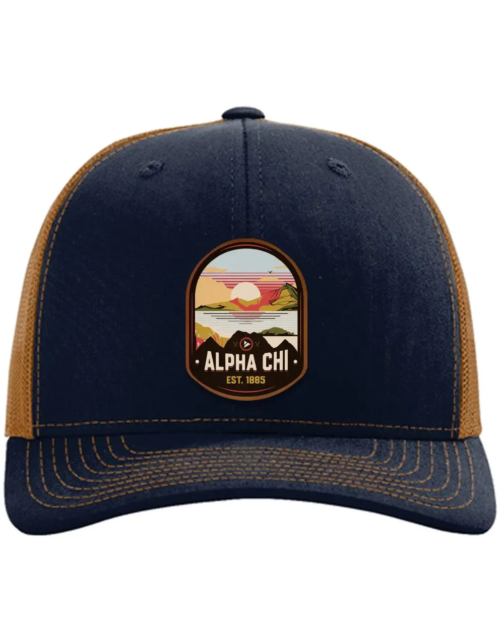Alpha Chi Omega Richardson 112 UV Print Leatherette Patch Trucker Hat - Ventura Navy Caramel Trucker Hat