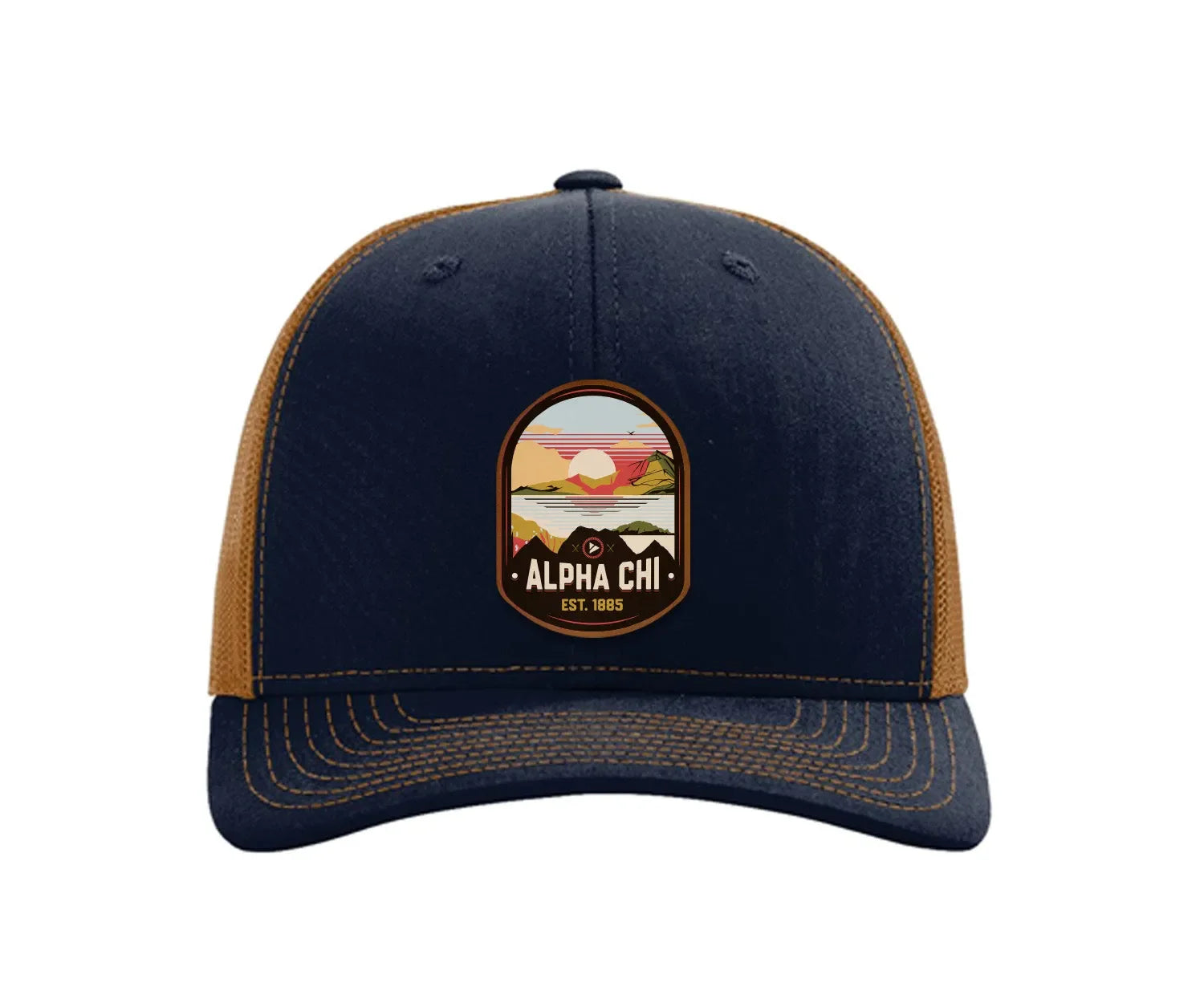 Alpha Chi Omega Richardson 112 UV Print Leatherette Patch Trucker Hat - Ventura Navy Caramel Trucker Hat
