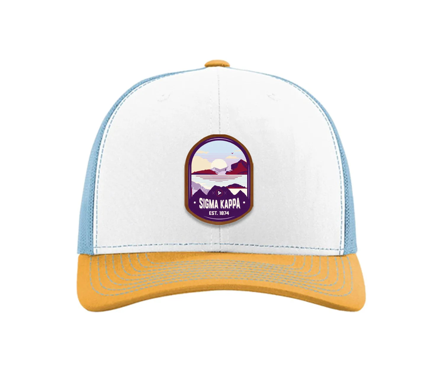 Sigma Kappa Richardson 112 UV Print Leatherette Patch Trucker Hat - Ventura White Blue Yellow Trucker Hat