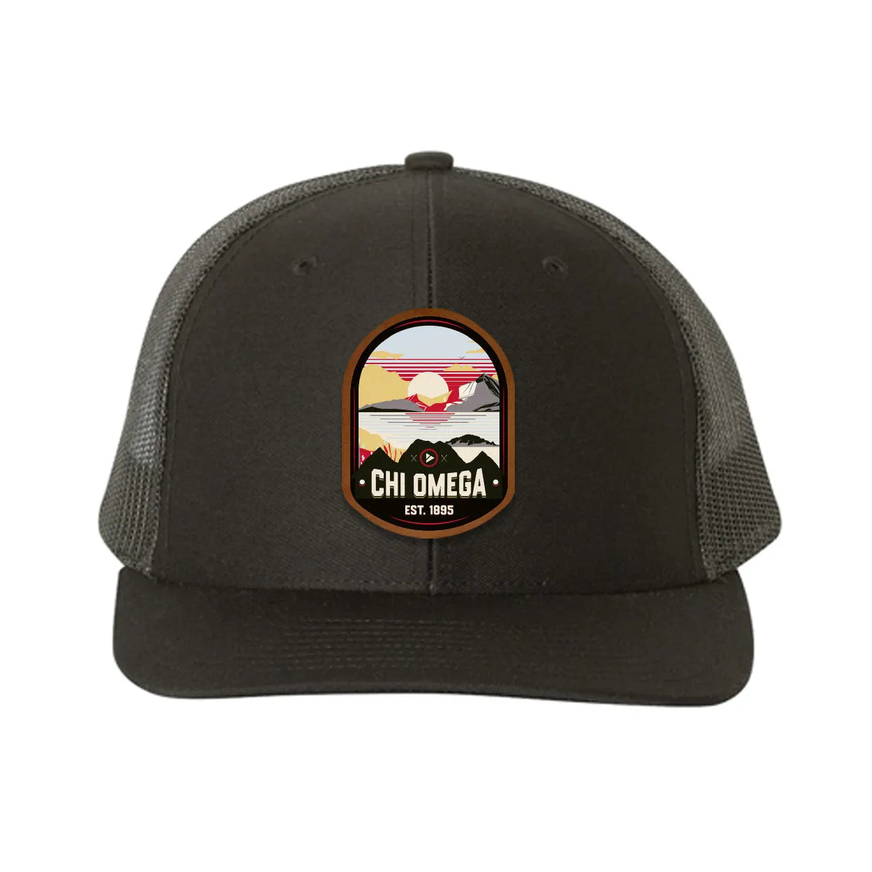 Chi Omega Richardson 112 UV Print Leatherette Patch Trucker Hat - Ventura Black Black Trucker Hat