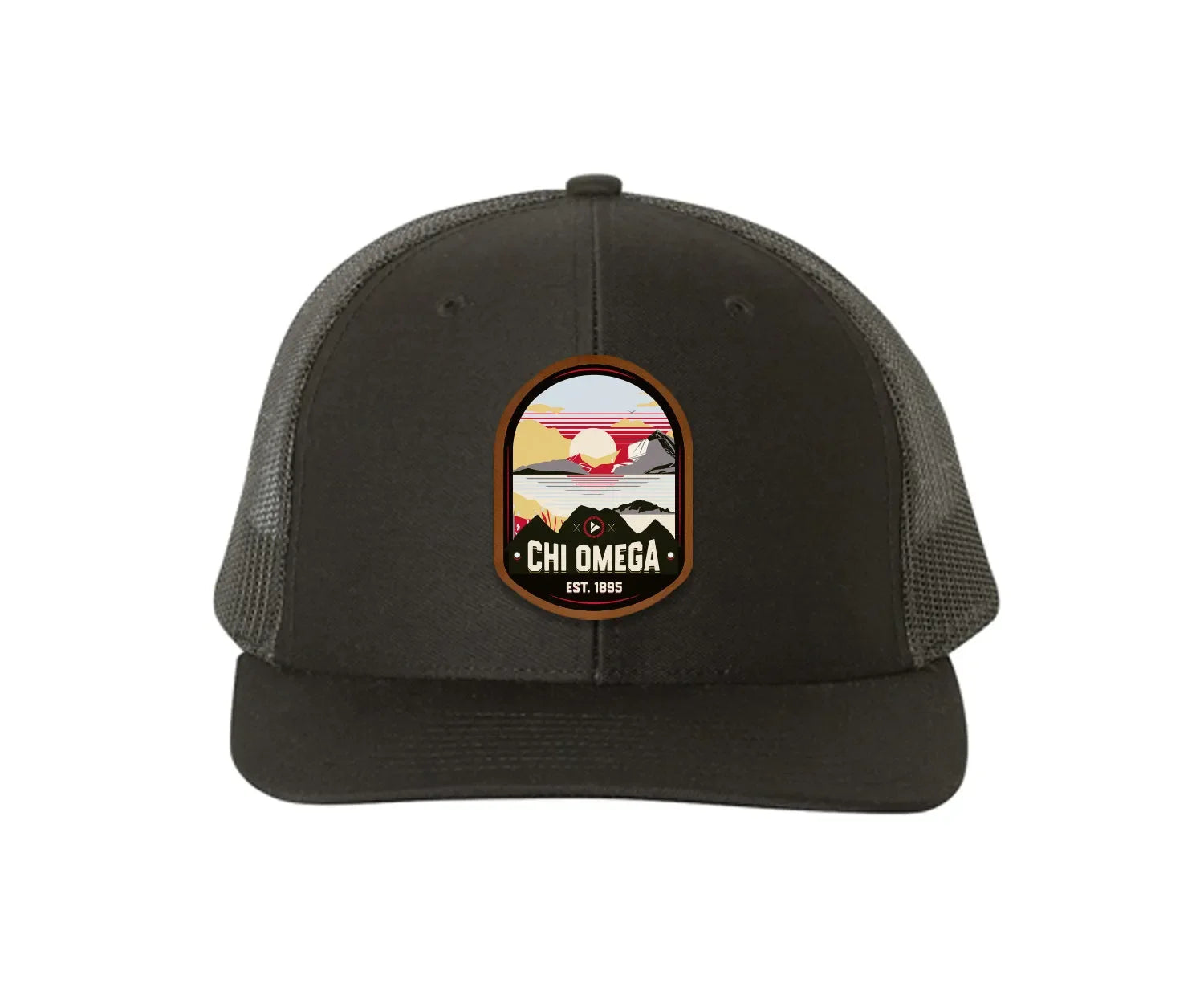 Chi Omega Richardson 112 UV Print Leatherette Patch Trucker Hat - Ventura Black Black Trucker Hat