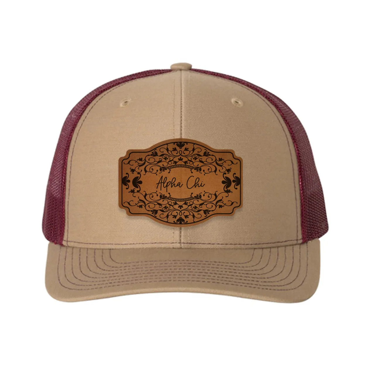 Alpha Chi Omega Richardson 112 Leatherette Patch Trucker Hat - Scroll Khaki Burgundy Trucker Hat