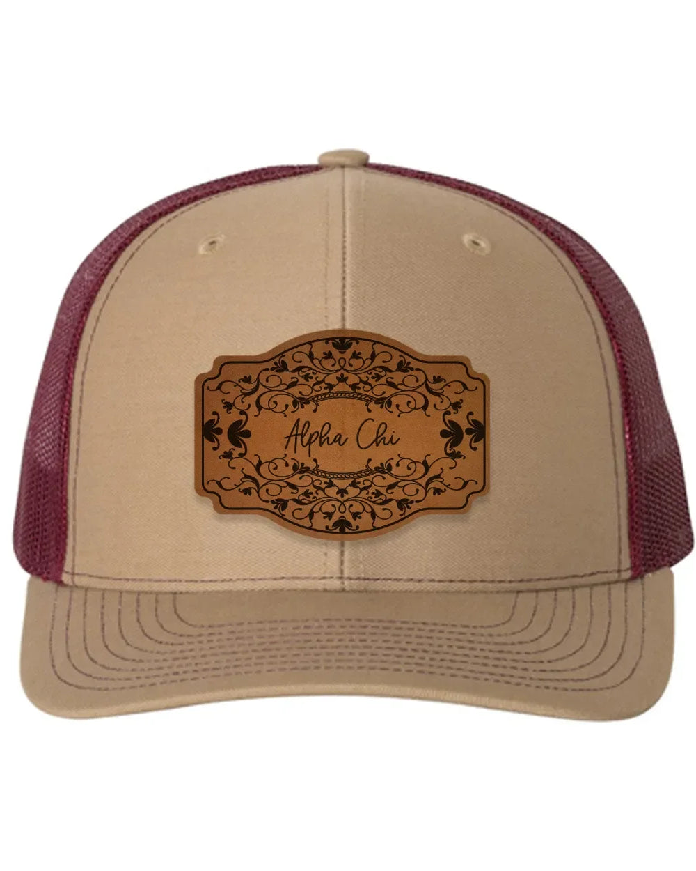 Alpha Chi Omega Richardson 112 Leatherette Patch Trucker Hat - Scroll Khaki Burgundy Trucker Hat