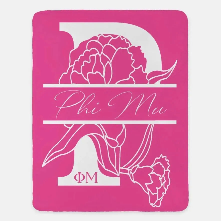 Phi Mu XL 60x80 Sherpa Throw Blanket - Carnation Monogram Carnation Pink Throw Blankets