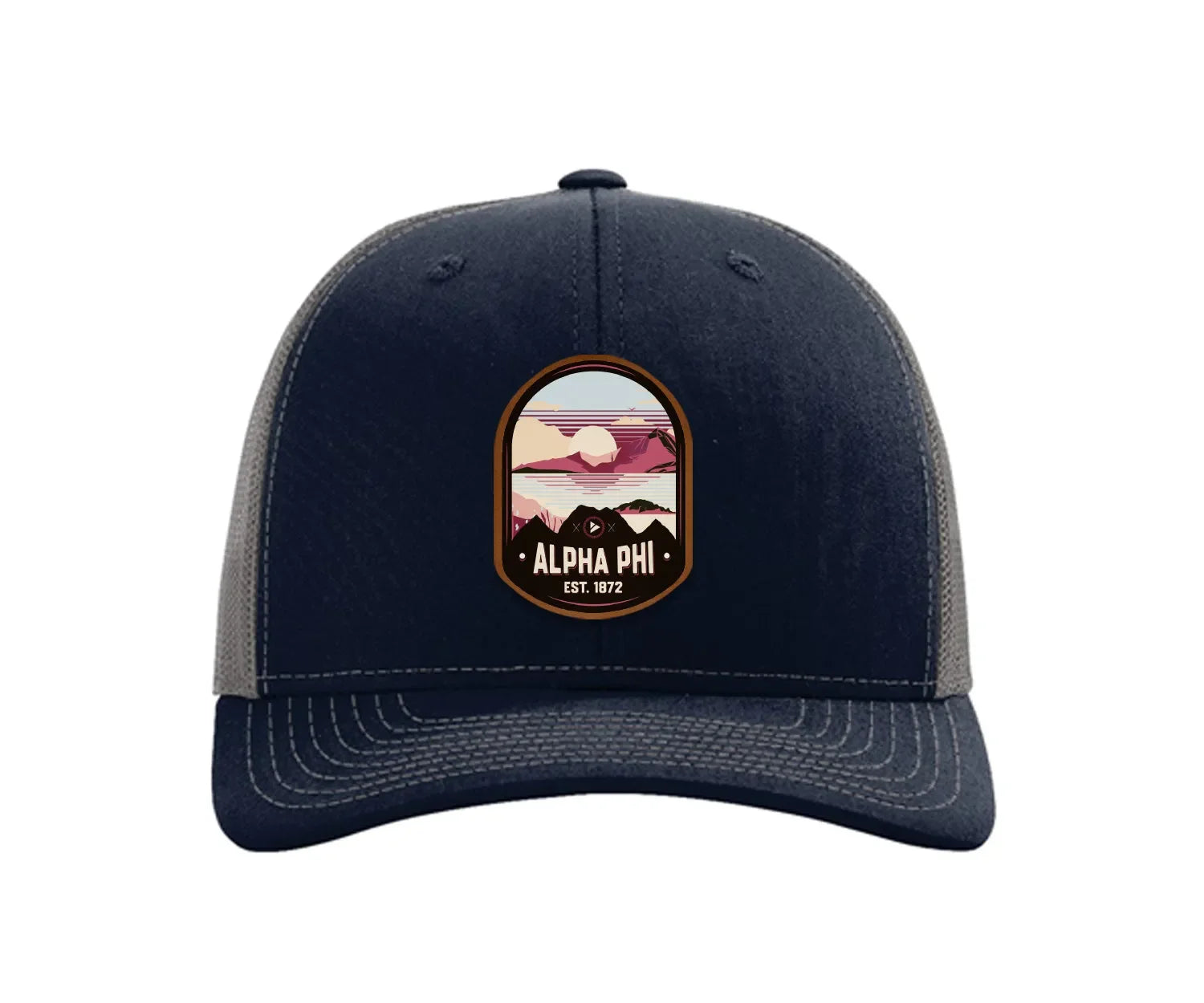 Alpha Phi Richardson 112 UV Print Leatherette Patch Trucker Hat - Ventura Navy Charcoal Trucker Hat