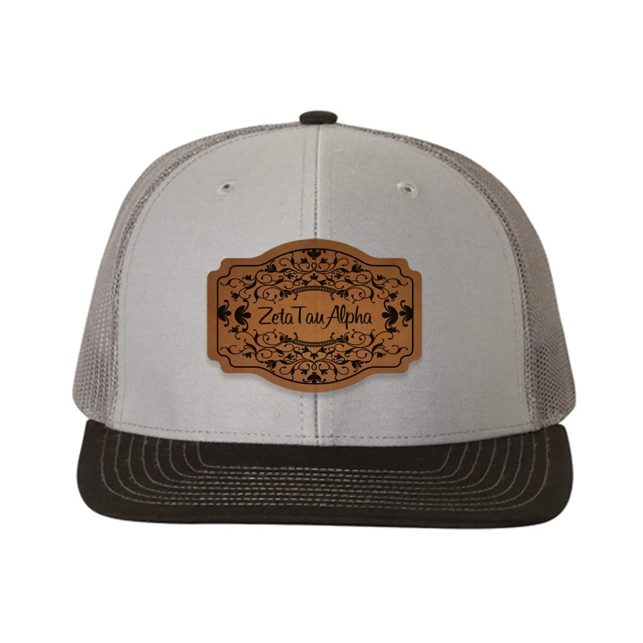 Zeta Tau Alpha Richardson 112 Leatherette Patch Trucker Hat - Scroll Gray Charcoal Black Trucker Hat