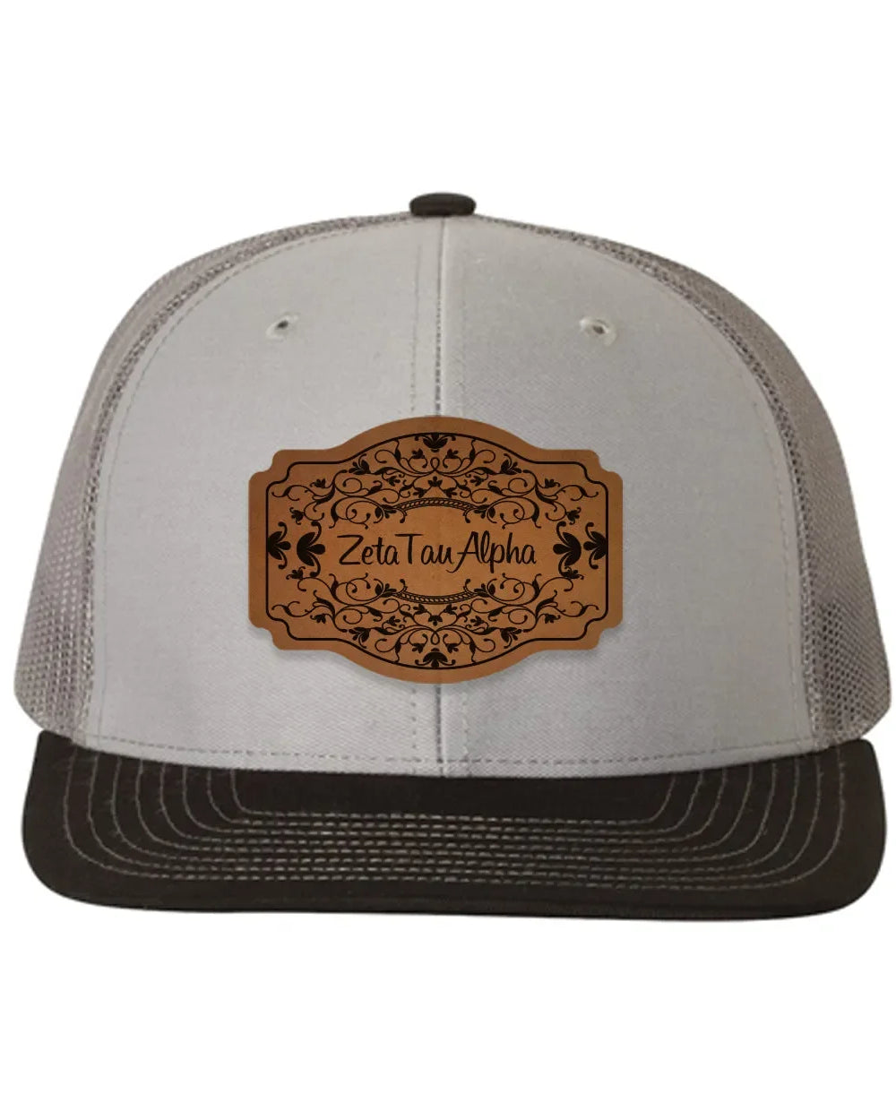 Zeta Tau Alpha Richardson 112 Leatherette Patch Trucker Hat - Scroll Gray Charcoal Black Trucker Hat
