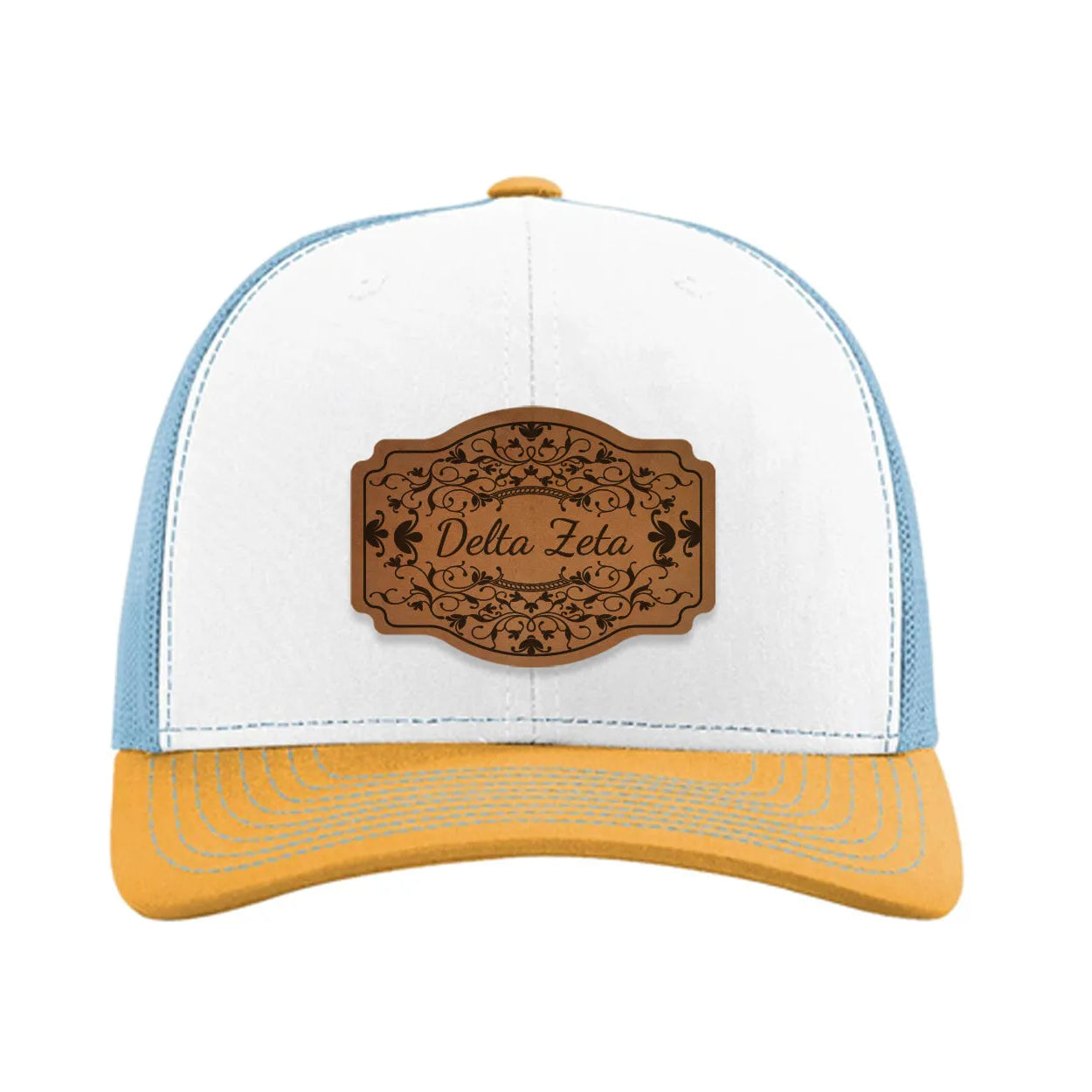 Delta Zeta Richardson 112 Leatherette Patch Trucker Hat - Scroll White Blue Yellow Trucker Hat