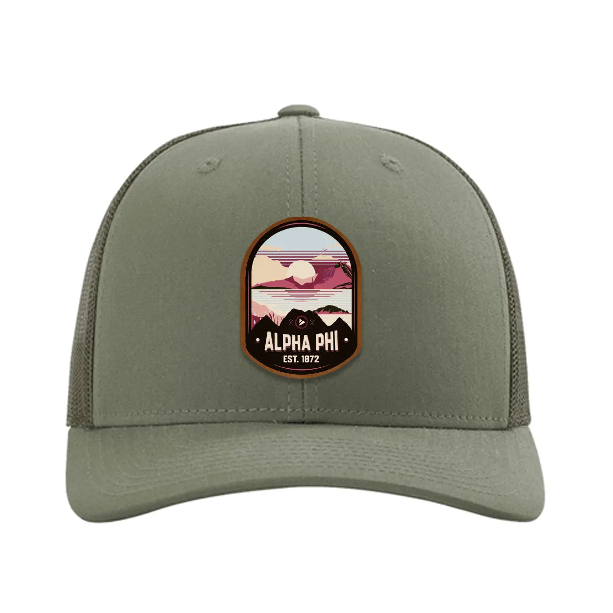 Alpha Phi Richardson 112 UV Print Leatherette Patch Trucker Hat - Ventura Loden Trucker Hat