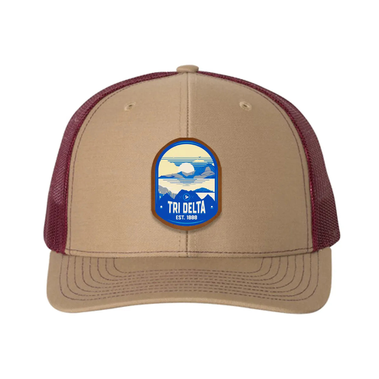 Tri Delta Richardson 112 UV Print Leatherette Patch Trucker Hat - Ventura Khaki Burgundy Trucker Hat