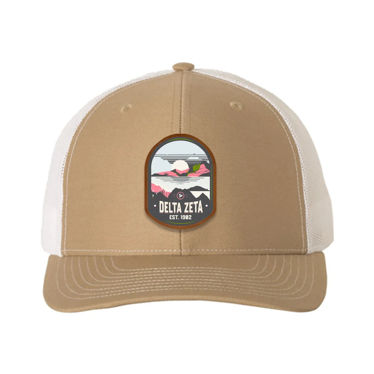 Delta Zeta Richardson 112 UV Print Leatherette Patch Trucker Hat - Ventura Khaki White Trucker Hat