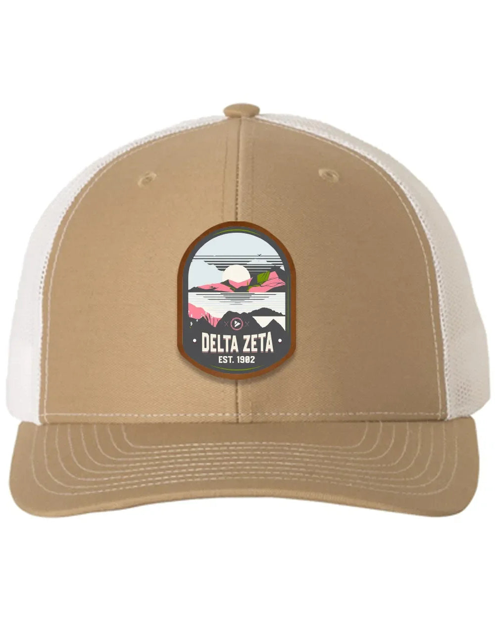 Delta Zeta Richardson 112 UV Print Leatherette Patch Trucker Hat - Ventura Khaki White Trucker Hat
