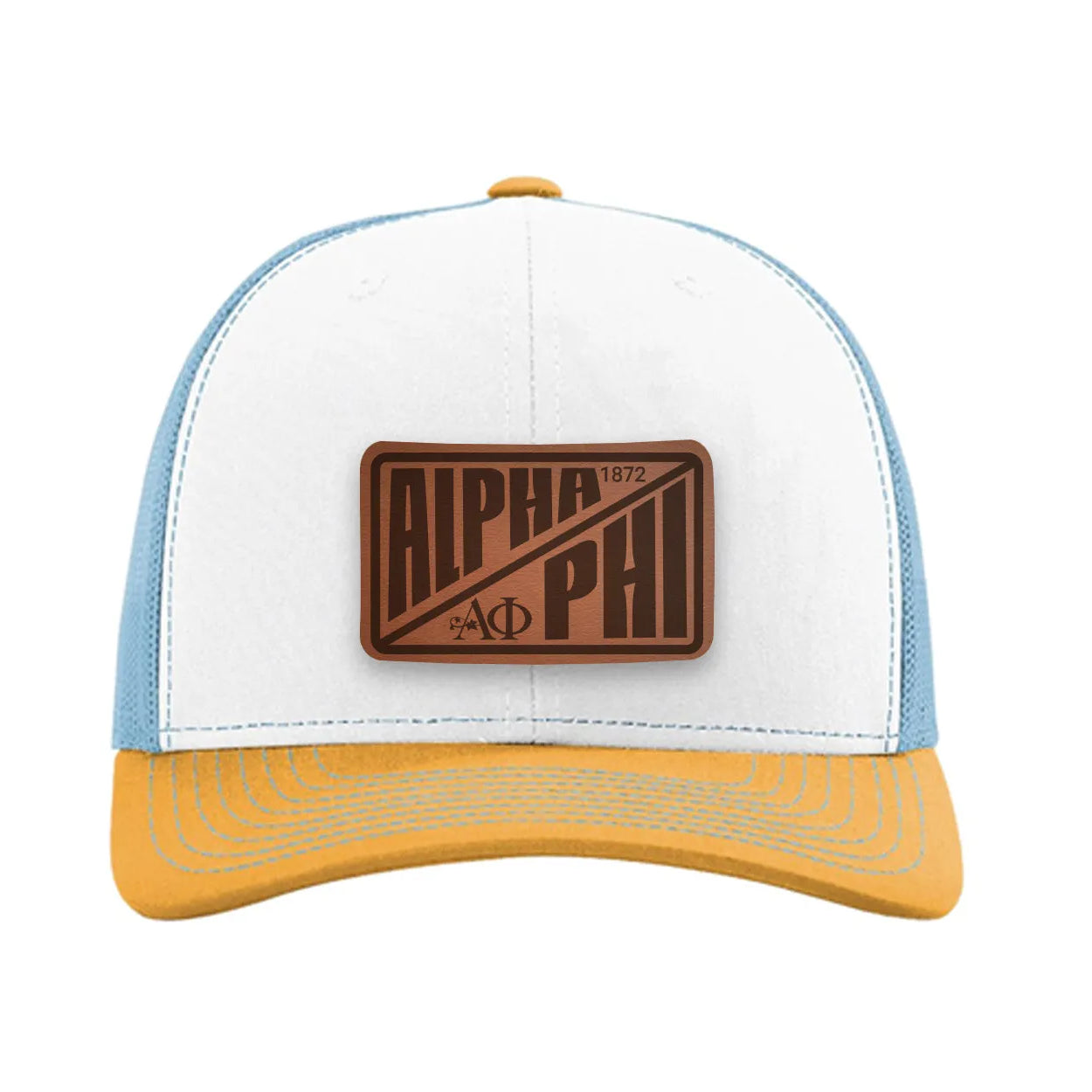 Alpha Phi Richardson 112 Leatherette Patch Trucker Hat - Divide White Blue Yellow Trucker Hat