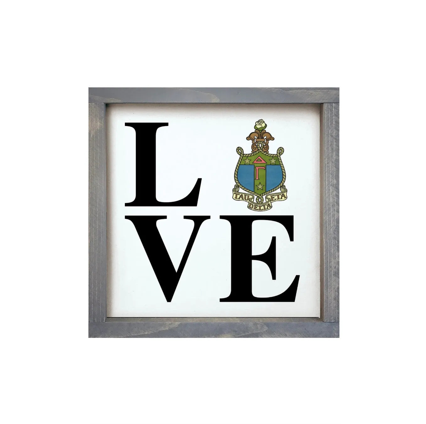 Delta Gamma 12x12 Wood Framed Sign - "LOVE" Crest Weathered Gray Wall Art & Signs