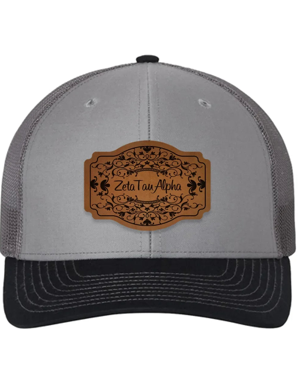 Zeta Tau Alpha Richardson 112 Leatherette Patch Trucker Hat - Scroll Gray Charcoal Navy Trucker Hat