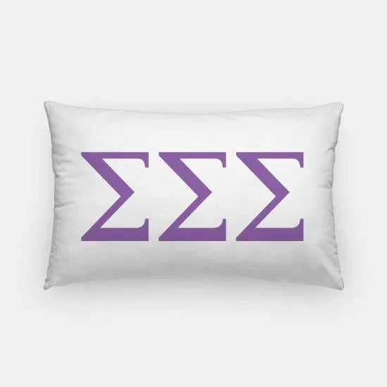 Tri Sigma Lumbar Throw Pillow Cover - Knockout Greek Letters White Violet Pillow Covers