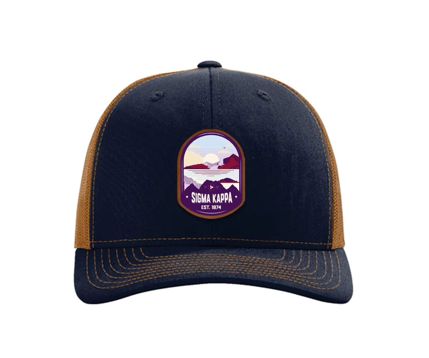 Sigma Kappa Richardson 112 UV Print Leatherette Patch Trucker Hat - Ventura Navy Caramel Trucker Hat