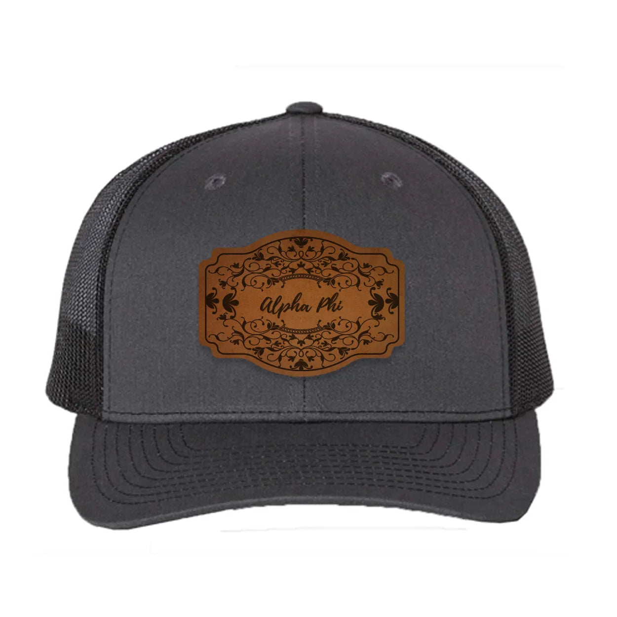 Alpha Phi Richardson 112 Leatherette Patch Trucker Hat - Scroll Charcoal Black Trucker Hat