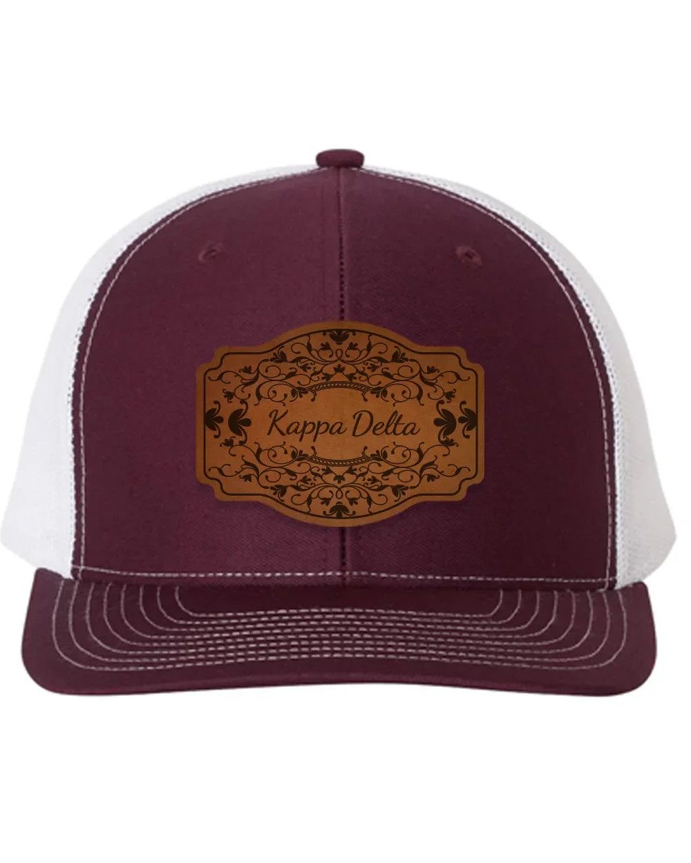 Kappa Delta Richardson 112 Leatherette Patch Trucker Hat - Scroll Maroon White Trucker Hat