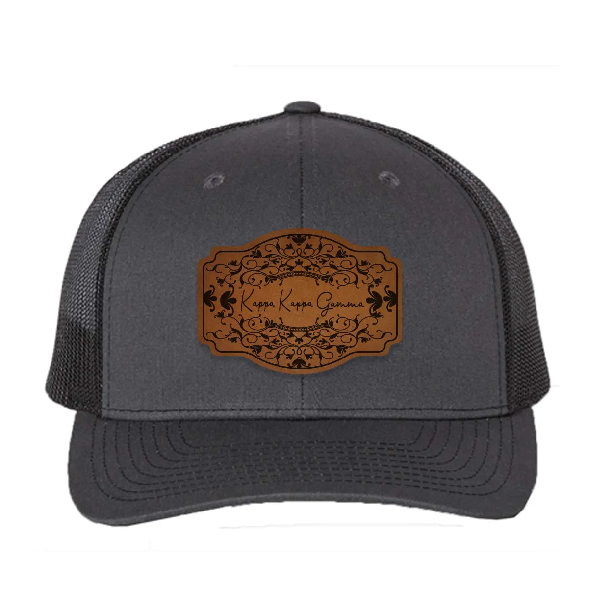Kappa Kappa Gamma Richardson 112 Leatherette Patch Trucker Hat - Scroll Charcoal Black Trucker Hat