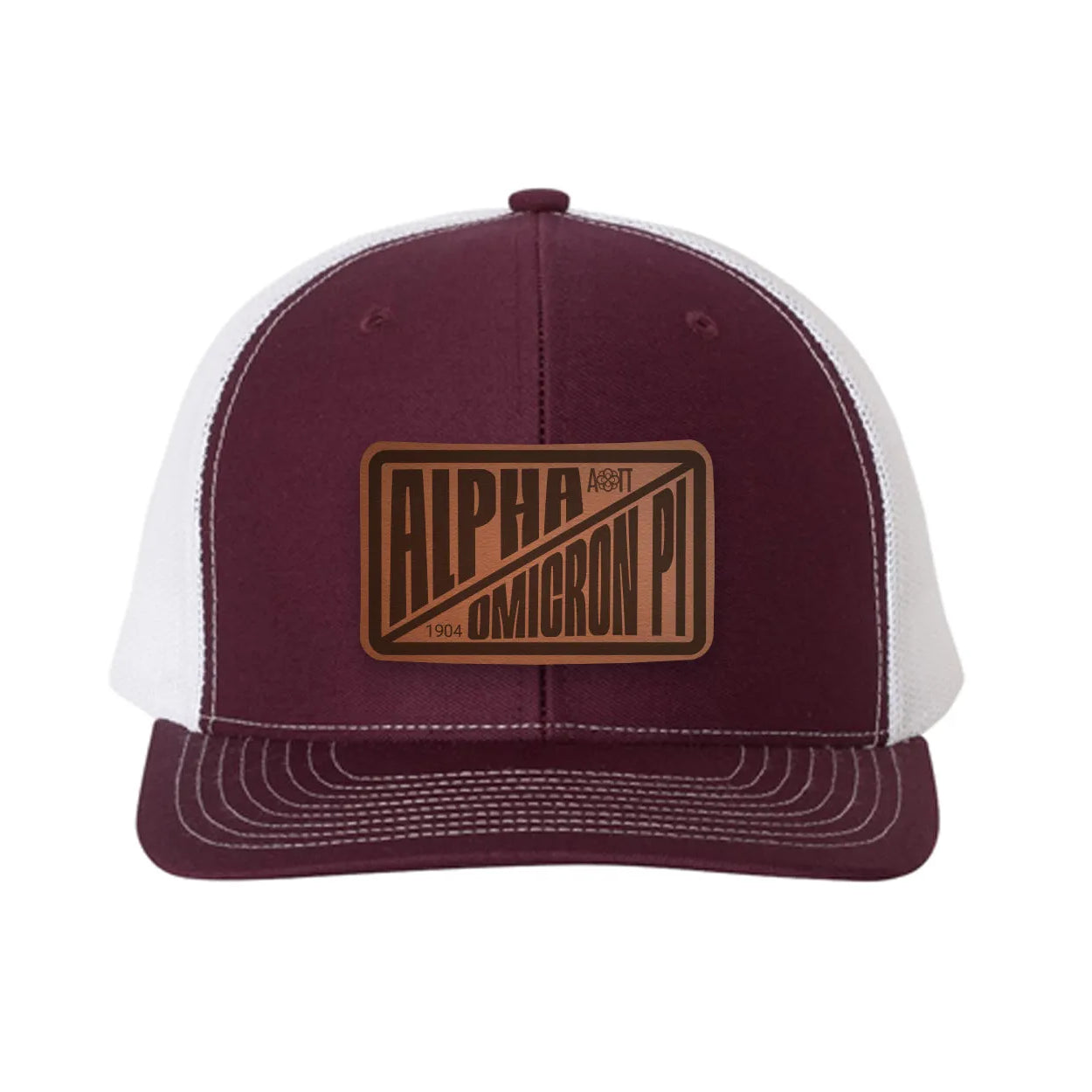 Alpha Omicron Pi Richardson 112 Leatherette Patch Trucker Hat - Divide Maroon White Trucker Hat