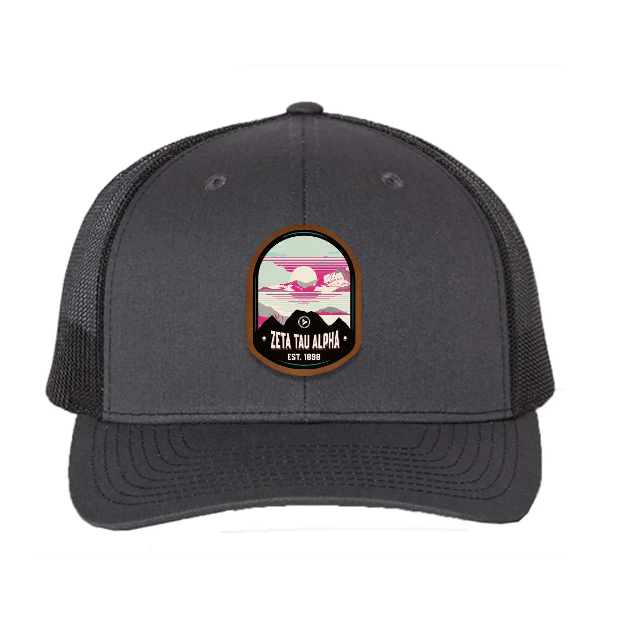 Zeta Tau Alpha Richardson 112 UV Print Leatherette Patch Trucker Hat - Ventura Charcoal Black Trucker Hat