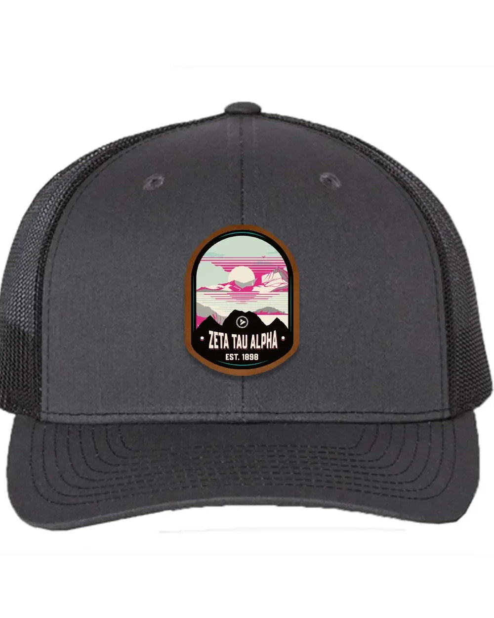 Zeta Tau Alpha Richardson 112 UV Print Leatherette Patch Trucker Hat - Ventura Charcoal Black Trucker Hat