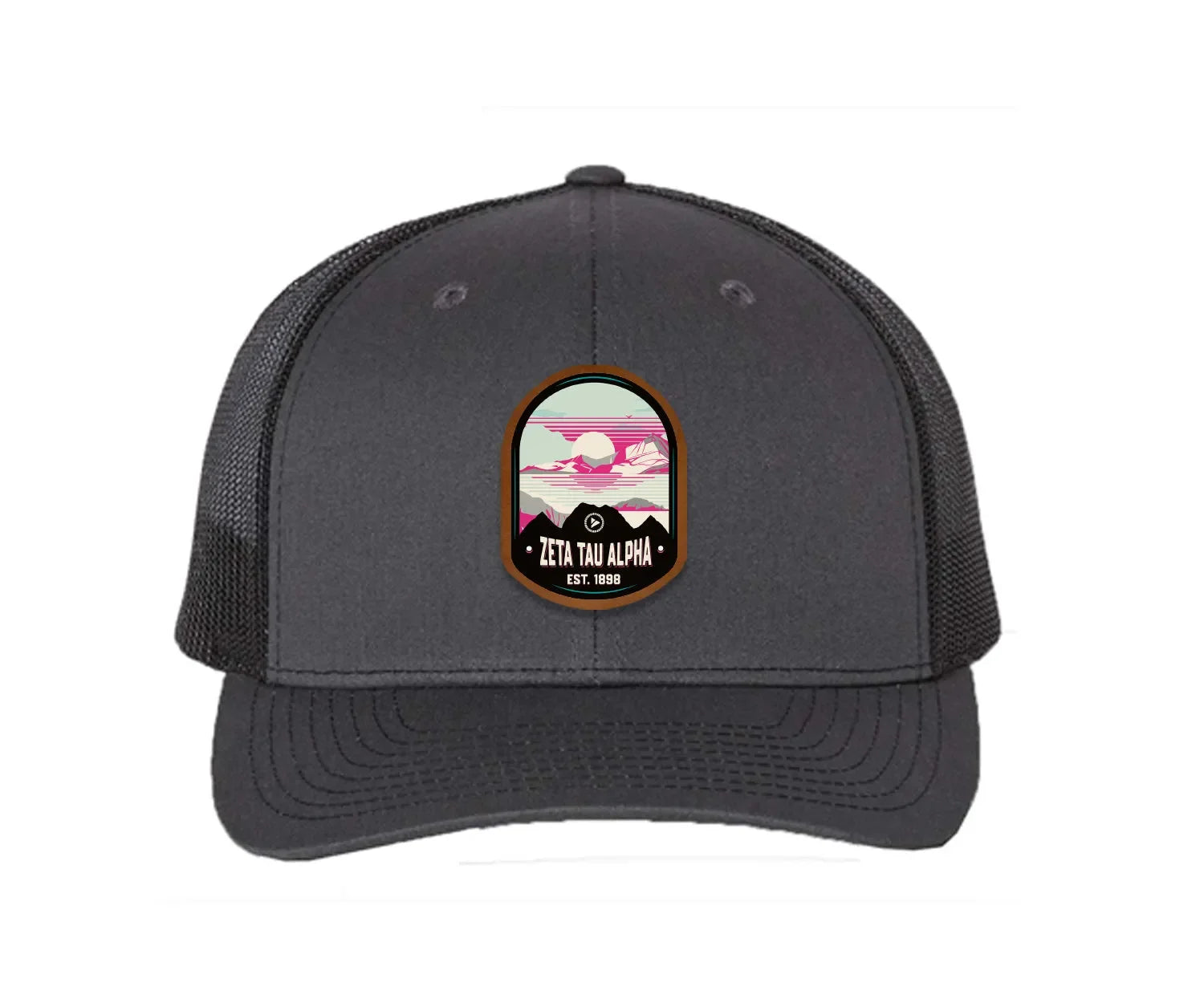 Zeta Tau Alpha Richardson 112 UV Print Leatherette Patch Trucker Hat - Ventura Charcoal Black Trucker Hat
