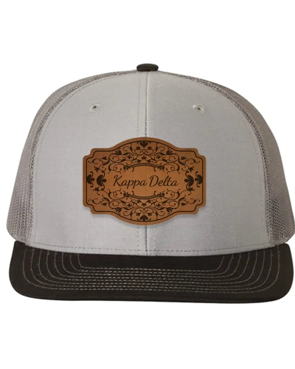 Kappa Delta Richardson 112 Leatherette Patch Trucker Hat - Scroll Gray Charcoal Black Trucker Hat