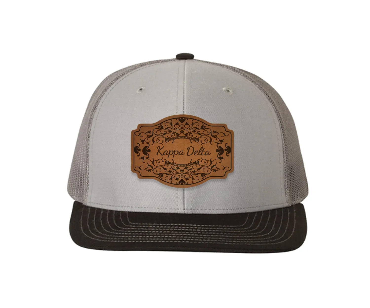 Kappa Delta Richardson 112 Leatherette Patch Trucker Hat - Scroll Gray Charcoal Black Trucker Hat