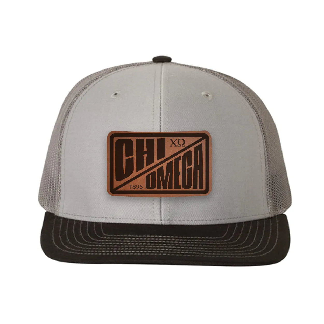 Chi Omega Richardson 112 Leatherette Patch Trucker Hat - Divide Gray Charcoal Black Trucker Hat