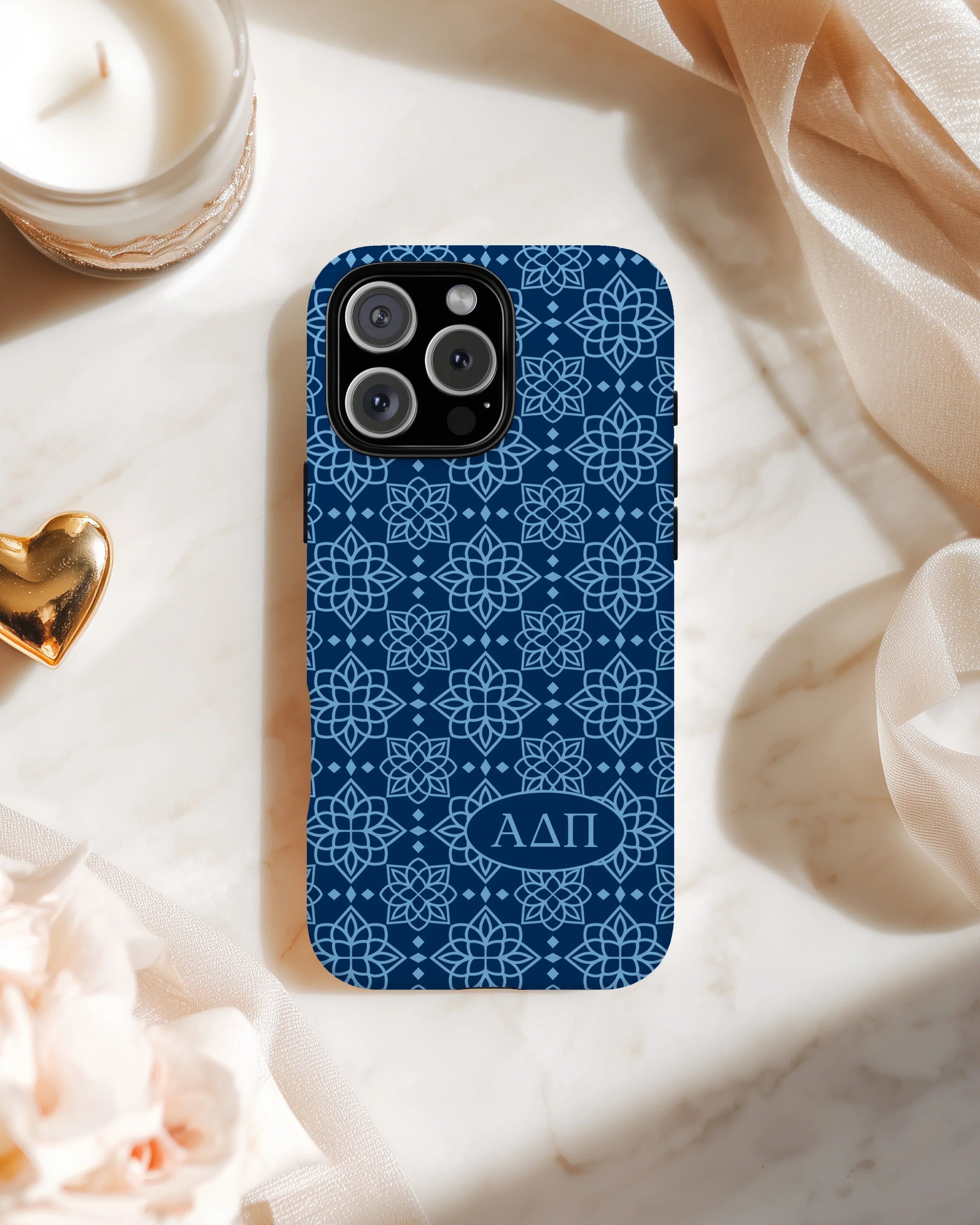 Alpha Delta Pi iPhone 16, 15, 14 Mobile Phone Case - Midnight Blue Ornate