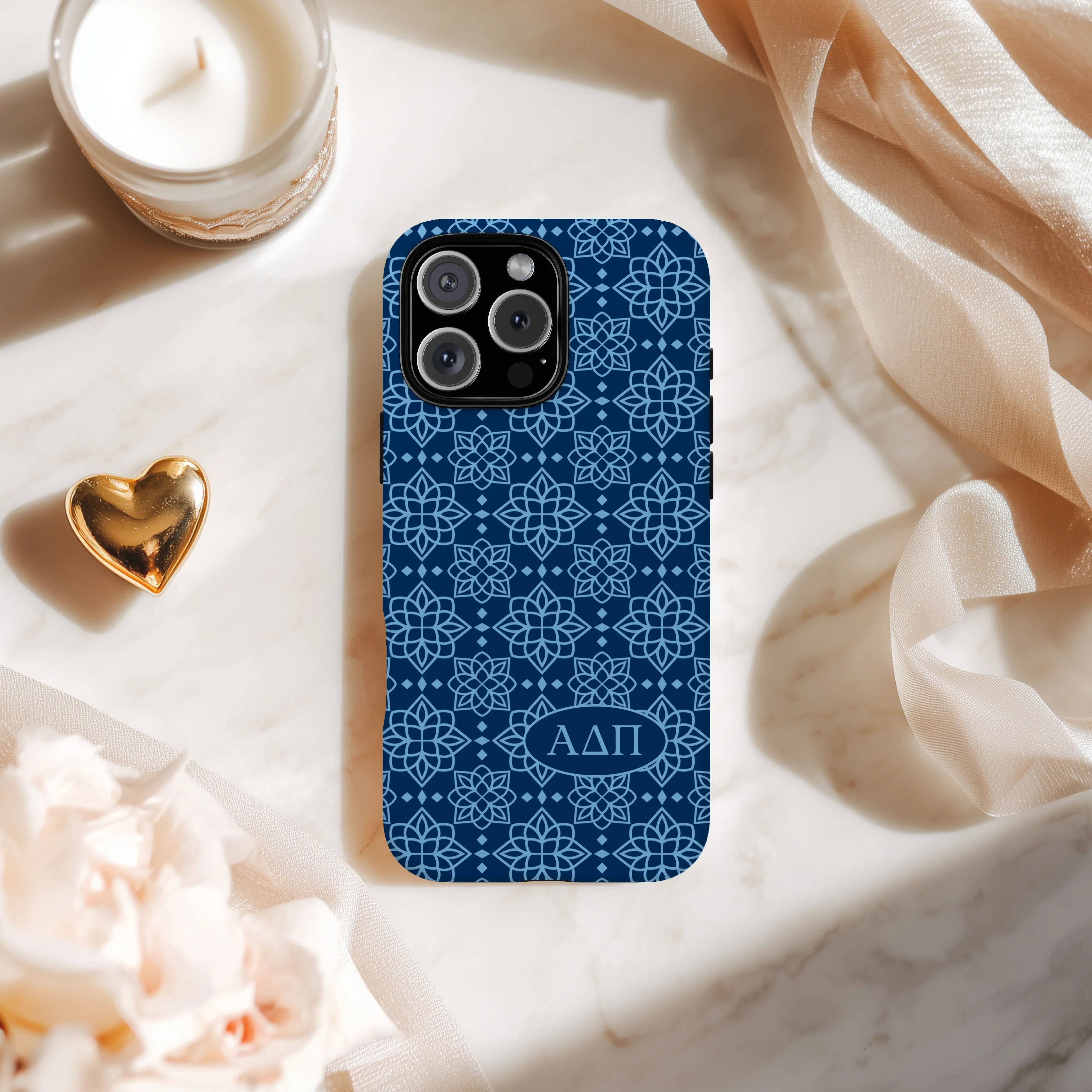 Alpha Delta Pi iPhone 16, 15, 14 Mobile Phone Case - Midnight Blue Ornate