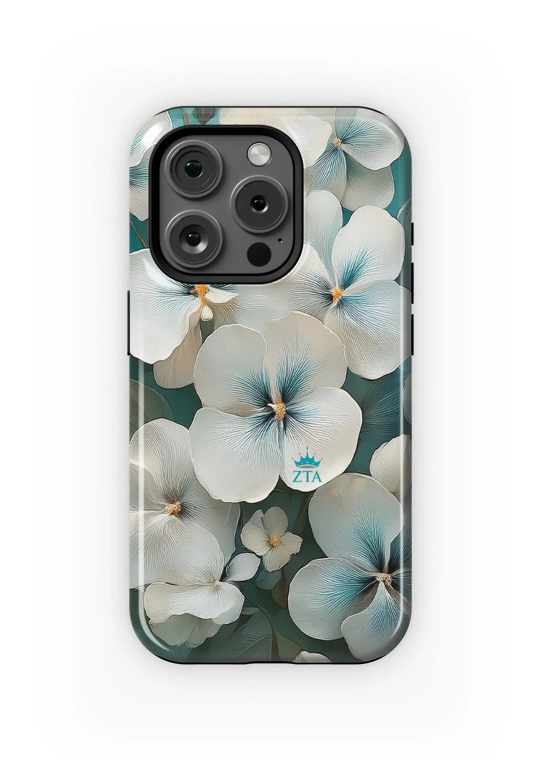 Zeta Tau Alpha iPhone 15, 14, 13 Mobile Phone Case - White Violets Gloss Mobile Phone Cases